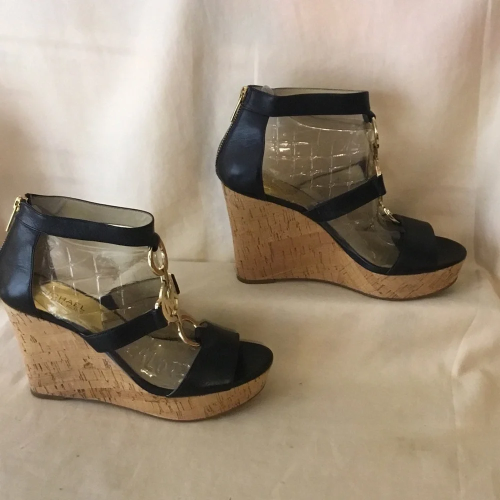 Michael Kors Black Leather Cork Wedge Sandals with Gold MK Accent